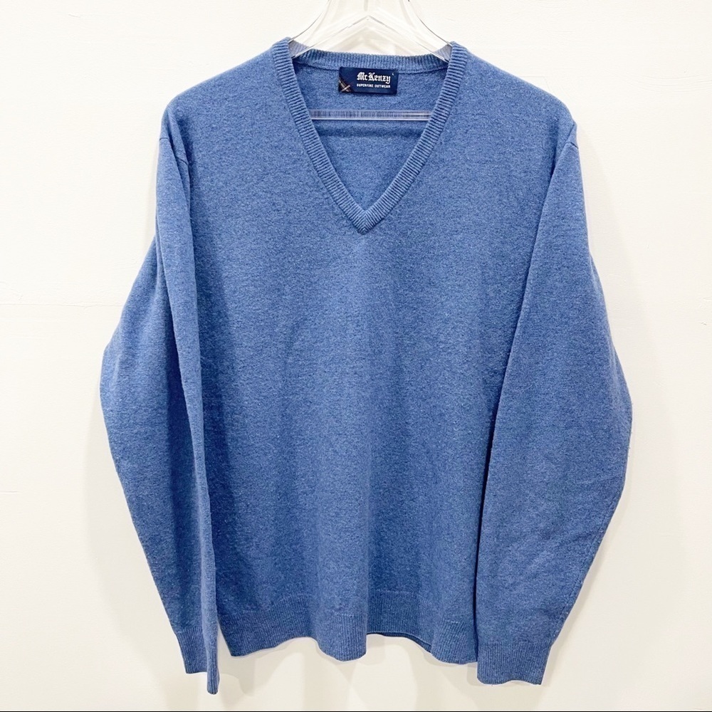 McKenzy Superfine Outwear Vintage Lambswool V-Neck Sweater Blue Long Sleeve L